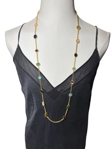Kate Spade Long Charm Necklace Gold Multicolor Stones Convertible Layered - Picture 1 of 3