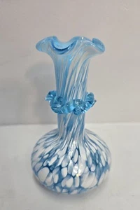 Vintage Pilgrim Hand Blown Glass Blue & White Splatter Vase 4.5” Rigaree Collar - Picture 1 of 8