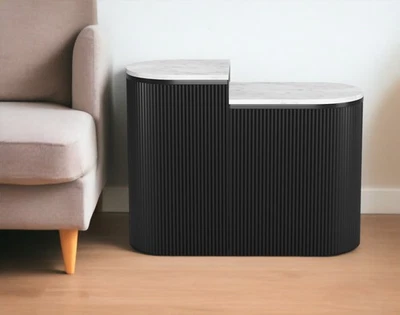Set of Two Black And White Solid Wood And Marble Oval Block End Tables - Image 1 of 4