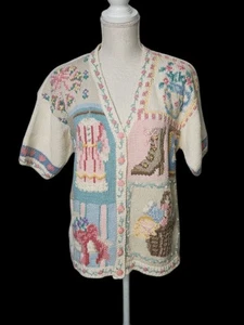 Vintage Northern Isles M Women Hand Knitted Ramie Cotton Short Sleeve Cardigan - Picture 1 of 10