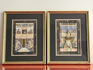 Pair Antique 19th c. Indo-Persian Palace Scenes Mughal Framed Watercolor Ink Art - Picture 1 of 8
