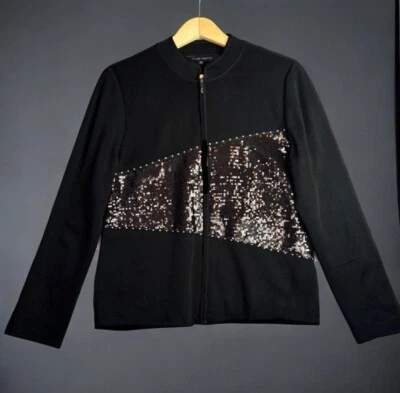 Chaqueta Ming Wang M Negra Lentejuelas Tachonadas Cremallera Completa Elegante Noche Cuello Mandarín Foto 1 de 4