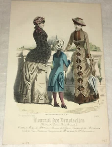 Hermoso estampado de moda coloreado a mano para damas Journal des Demoiselles París 1882 - Imagen 1 de 2