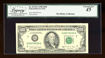 DBR 1990 $100 FRN Chicago Fr. 2173-G Legacy 45 Serial G82079030A - Image 1 of 2
