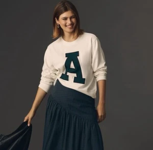 Maeve by Anthropologie Varsity Letter A Crew Neck Sweatshirt Women Size XL White - Picture 1 of 7