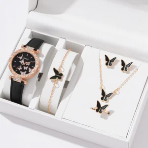 6pcs Ring Necklace Earrings Bracelet Set Butterfly Leather Strap Quartz Watch - Picture 1 of 36