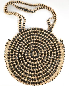 Zara Basic Collection Handbag Black and Natural Wood Bead Bag Double Strap Purse - Picture 1 of 9