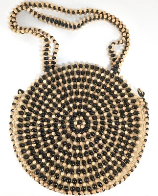 Zara Basic Collection Handbag Black and Natural Wood Bead Bag Double Strap Purse - Image 1 of 4