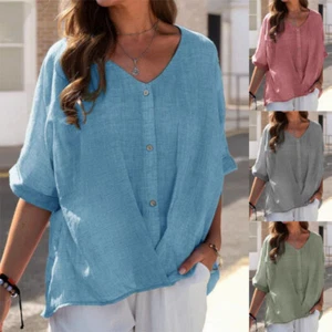 Women Cotton Linen Casual Blouse Baggy Ladies T-Shirt Top Summer Tunic Plus Size - Picture 1 of 18