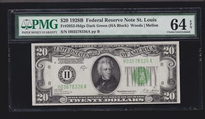US 1928B $20 FRN St Louis DGS FR 2052-H PMG 64 EPQ V Ch CU (336) - Image 1 of 2