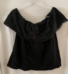 Loft Shirt Womens L Black Off-Shoulder Lace Ruffle Blouse Boho - Picture 1 of 7