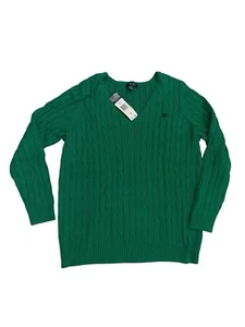 New CHAPS Green Cable Knit Fisherman Vneck 100% Cotton 1X Sweater Pullover NWT - Picture 1 of 8