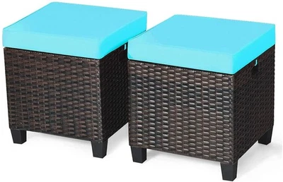 2-Piece Rattan Patio Ottoman, All Weather Wicker Ottoman w/Removable Cushion ... - Image 1 of 4