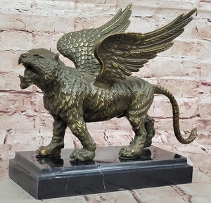 Escultura de tigre alado de bronce firmada por J Patoue Fengshui mito animal obras de arte venta - Imagen 1 de 10