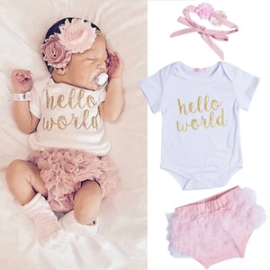 Newborn Baby Girl Clothes Outfit Letter Romper Top+Lace Shorts+Headband Sets - Picture 1 of 10