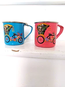 SET OF " TWO " RICKSHAW HAND PAINTED KASHMIRI ENAMEL MUGS - Picture 1 of 11