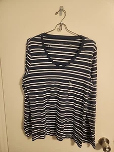 Camiseta para mujer Tommy Hilfiger manga larga cuello redondo talla grande azul y blanco a rayas - Imagen 1 de 10