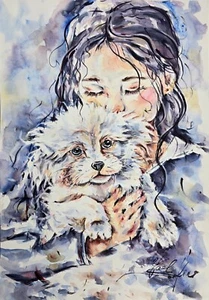"ORIGINAL Aquarellmalerei maltesischer HUND Kunstwerk Tiere Kunst 16,5"" von 11,7" - Bild 1 von 3