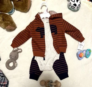 New Carter's Baby Boy 3 Piece set ~Hoodie Bodysuit Pants~Brown Bear 9 months 🧸 - Picture 1 of 7