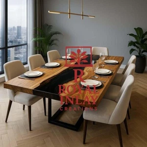 Modern Epoxy River Dining Table-Live Edge Wood &Black Resin Luxury - Picture 1 of 9