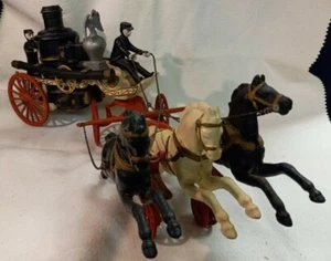 Cast Iron Fire Pumper Wagon 3 Horse Driver Hoses w/Rear FireFighter - Picture 1 of 11