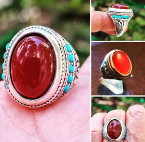 Agate خاتم عقيق مرصع بفيروز مميز with Turqouise stone  ring silver Plated ring10