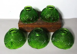 Rare Set of 5 Older Diamond Quilted EMERALD GREEN Art Glass Light Shades MINT - Picture 1 of 7