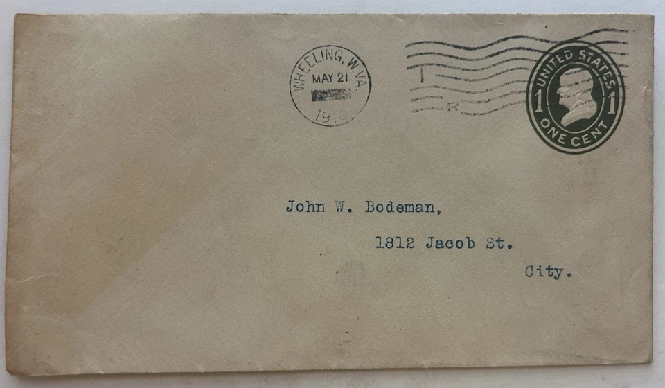 Antique 1910 Envelope: Wheeling, WV Postmark - 1 Cent Washington Stamp History - Image 1 of 2