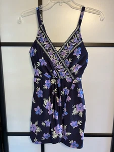 Lands’ End One Piece Swim Tank Dress Sz Small Blue Purple Floral Tropical Print - Picture 1 of 10
