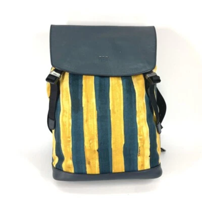 FENDI 7VZ031 Bolso Mochila a Rayas Ópticas Mochila Lona/Cuero Amarillo/Azul Marino Foto 1 de 4