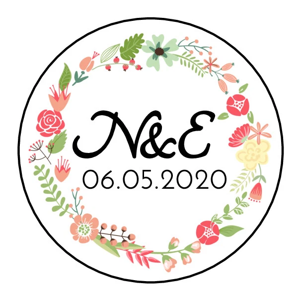 Personalised Wedding Wreath Stickers Favor Labels Wedding Favour Stickers Date - Image 1 of 1