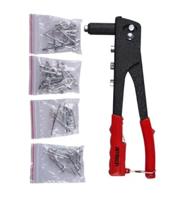 Amtech Hand Rivet Gun Heavy Duty 4 Head Nozzle Assorted Riveter 60pc Rivets - Image 1 of 3