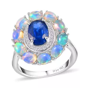 Anello Kashmir Kyanite Multi Gemma Doppio Alone Platino Oltre Sterling Taglia 5 Opale - Foto 1 di 4
