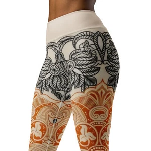 Henna Tattoo Leggings - Boho Beige Black Orange Lace Tribal Women Gym Yoga Pants - Picture 1 of 29