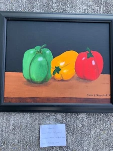 RED YELLOW & GREEN PEPPER Chef Acrylic Canvas Framed Art by Carol Hopchak 13x16 - Picture 1 of 8