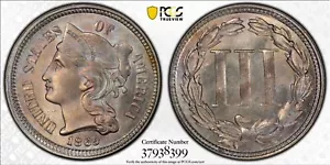 ⭐️ 1865 3CN Three Cent Nickel PCGS MS 65 CAC Beautifully Toned Civil War Era ⭐️ - Picture 1 of 3