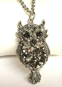 Vintage Owl Necklace Crystal Silver Plated Pendant Bird Gothic Goth 23" Chain - Picture 1 of 12