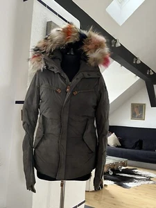 Daunenjacke Damen Jet Set Gr. 2 flaschengrün Kapuze mit buntem Echtfellbesatz - Bild 1 von 7