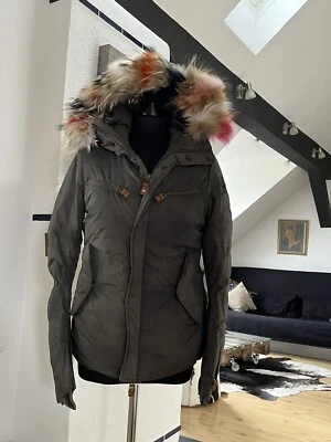 Daunenjacke Damen Jet Set Gr. 2 flaschengrün Kapuze mit buntem Echtfellbesatz - Bild 1 von 4
