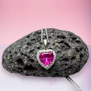 Lab Made Bright Pink Sapphire Heart Pendant Sterling Silver 925 - Picture 1 of 7