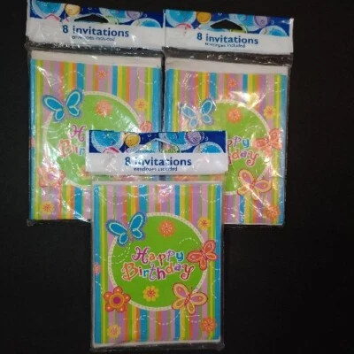 Vintage Butterfly Stripes Bright Hippie Birthday Party Invitation Invite Cards - Image 1 of 4