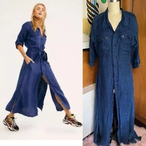 Free People x CP Shades Allie Maxi Sz S NO BELT blue Linen Shirt Dress - Picture 1 of 7