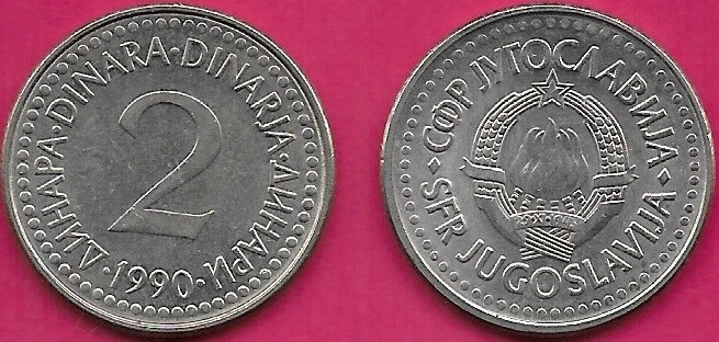YUGOSLAVIA SOCIALIST FEDERAL REP 2 DINARA 1990 UNC STATE EMBLEM,TEXT SURROUNDS D - Image 1 of 1