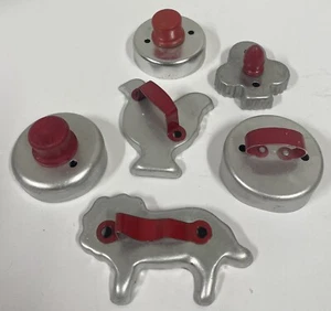 6 Vintage Red Handle Aluminum Christmas Cookie Cutters Chicken Lion Club Circles - Picture 1 of 5