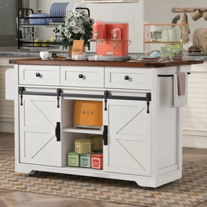 Kitchen Island w/ Power Outlet, Drop Leaf, Spice Rack, 2 Barn Doors & Wheels - Picture 1 of 24