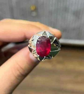 Natural Dark Red Ruby Sterling Silver 925 Handmade Mens Solitaire Yaqoot Ring - Picture 1 of 5