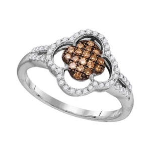 10kt White Gold Womens Round Brown Diamond Quatrefoil Cluster Ring 1/3 Cttw - Picture 1 of 1