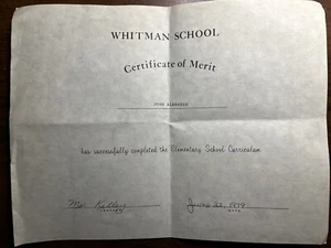 Certificado escolar vintage de papel efímero Whitman John Albanese - Imagen 1 de 2