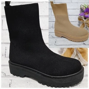 Sock Ankle Boots Shoes Ladies Winter Mid Calf New Casual Comfy Chunky Heel Size - Picture 1 of 15