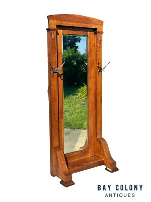 ANTIQUE ARTS & CRAFTS TIGER OAK HALL TREE WITH BEVELED MIRROR & JAPANNED HOOKS - Image 1 of 4